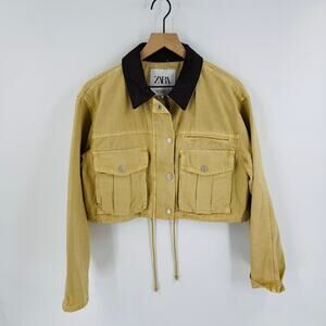 Zara Cropped Utility Barn Jacket Tan Corduroy Contrast Collar Drawstring Hem XS